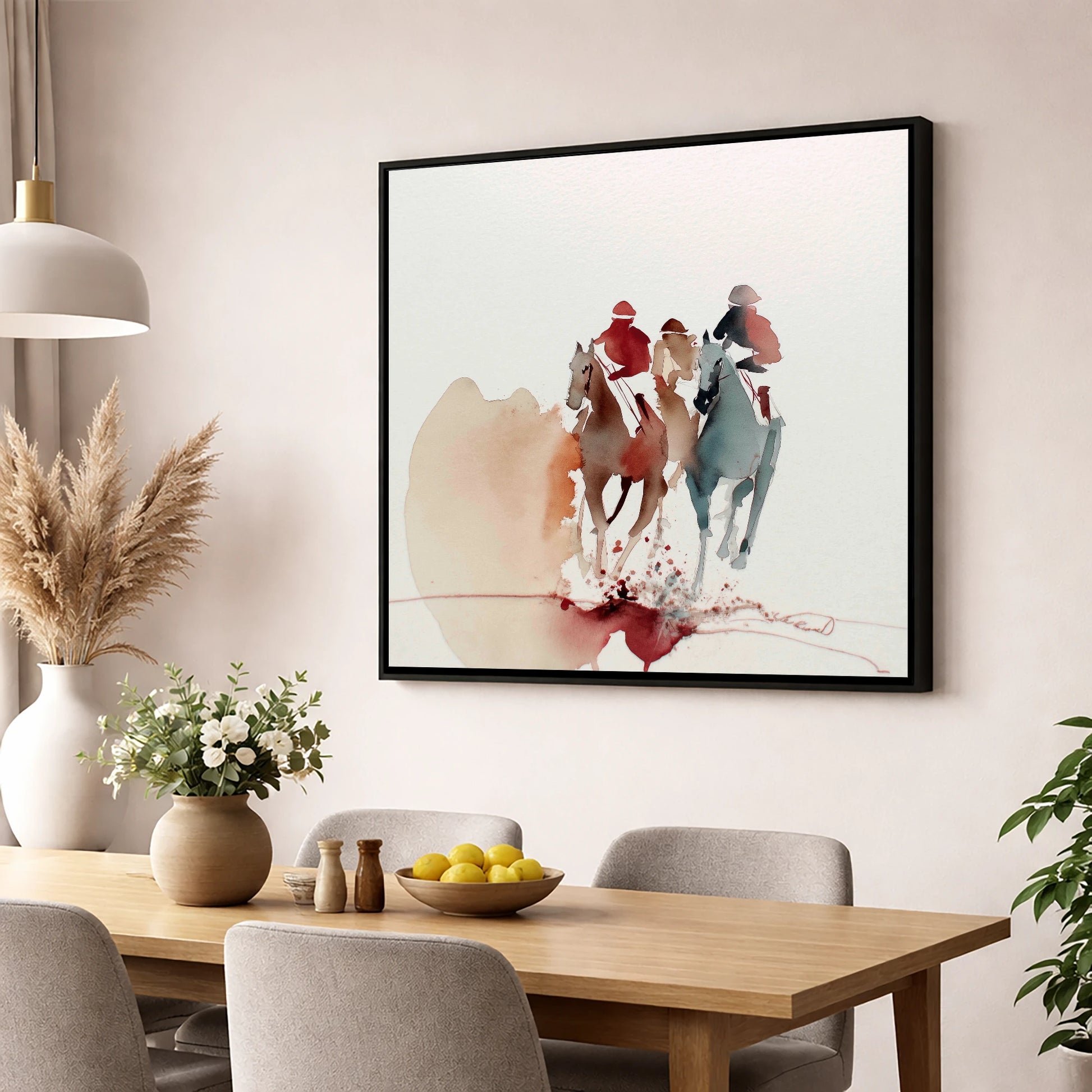 The Final Stretch racing horse wall art displayed in a dining room