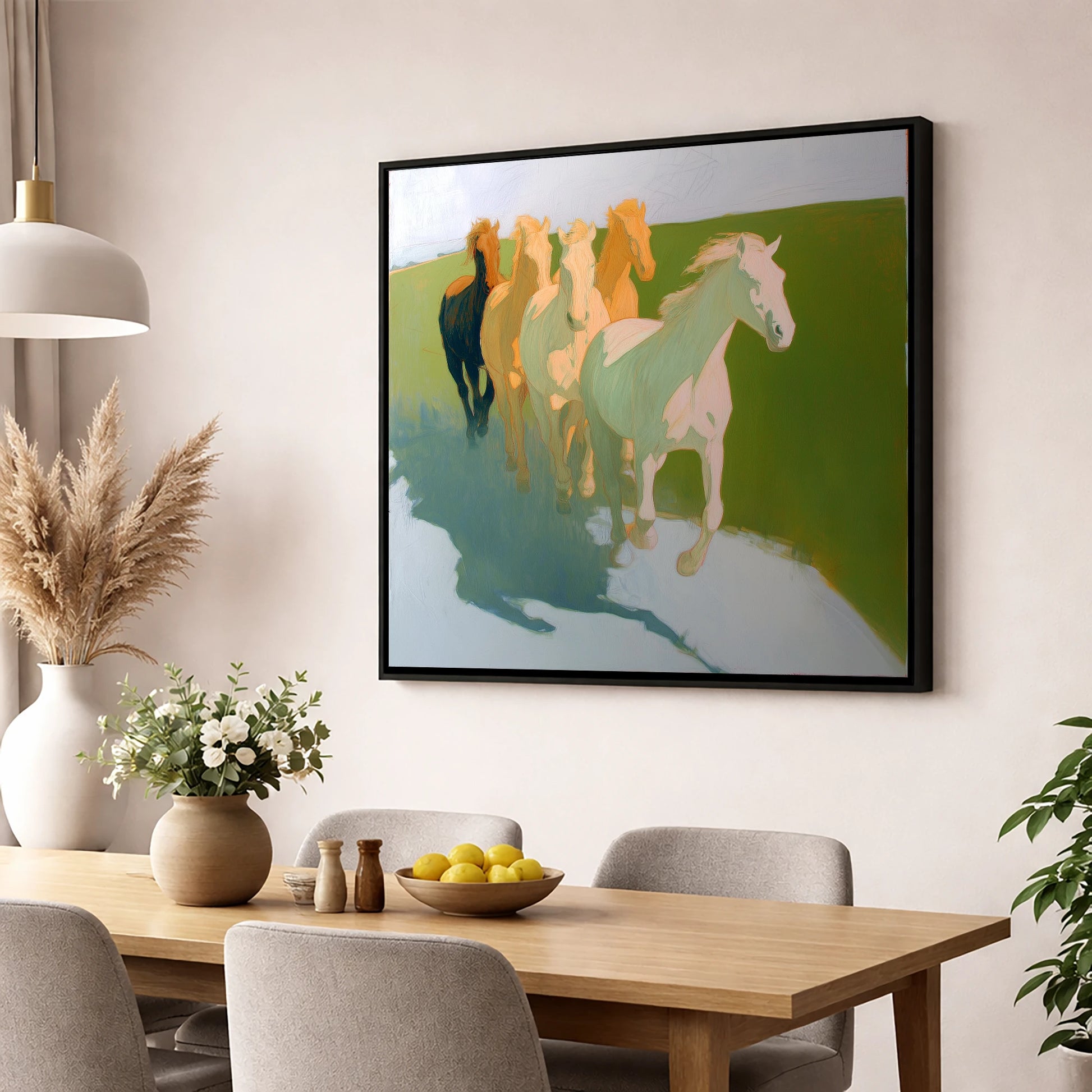 Ethereal Pastel Herd wild horses wall art displayed in a dining room