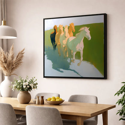 Ethereal Pastel Herd wild horses wall art displayed in a dining room