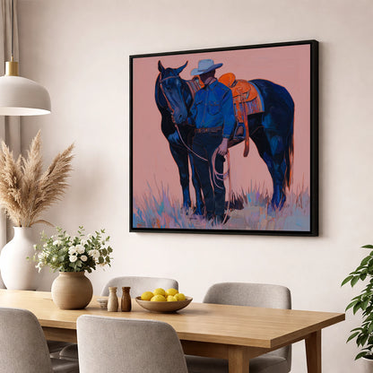 The Indigo Horseman western horse wall art displayed in a dining room