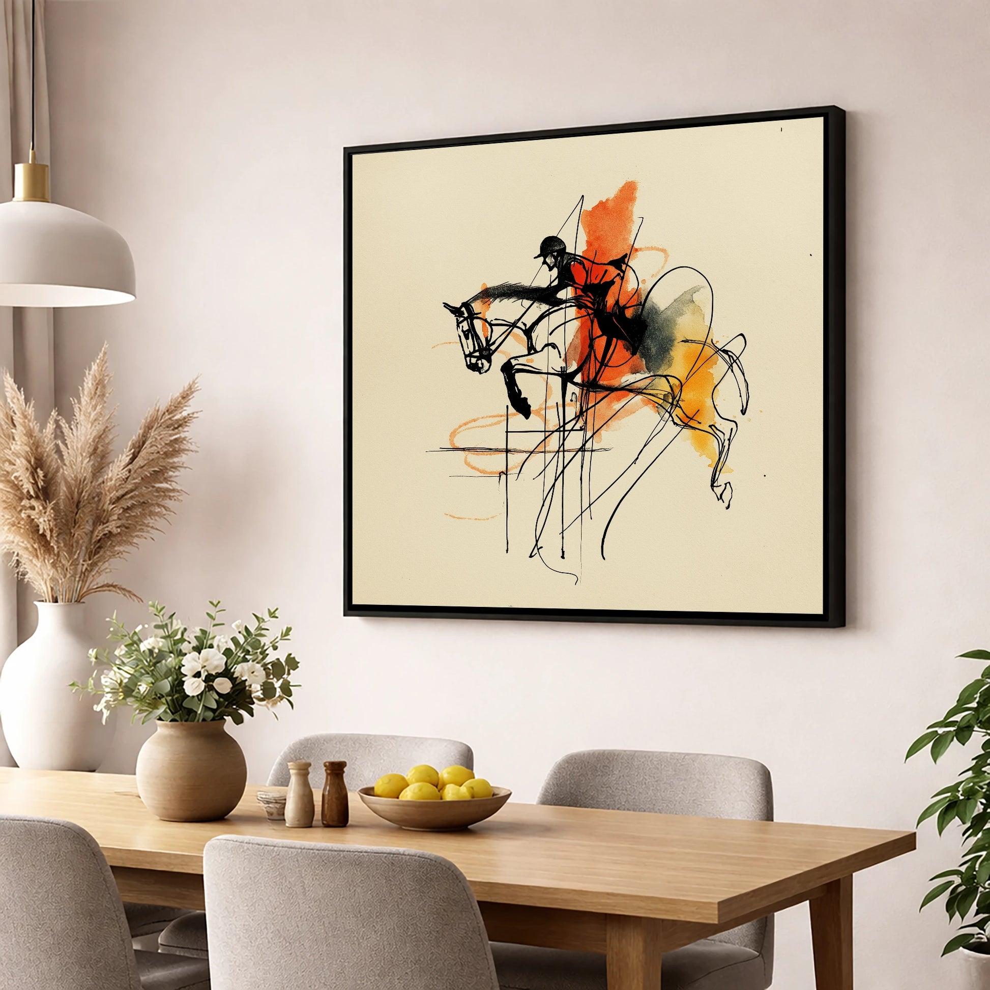 Fluidity in Flight show jumping horse wall art displayed in a dining room