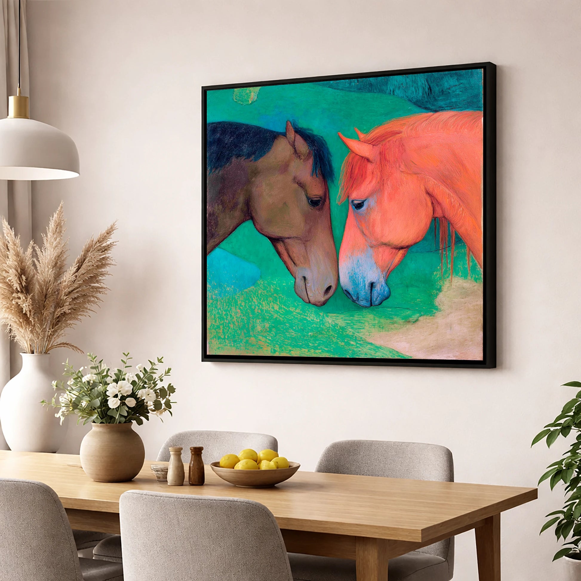 Gentle Companions horse portrait wall art displayed in a dining room