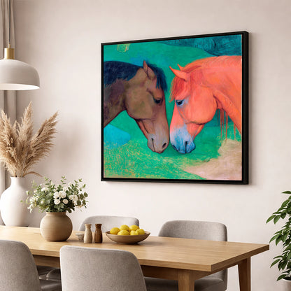 Gentle Companions horse portrait wall art displayed in a dining room