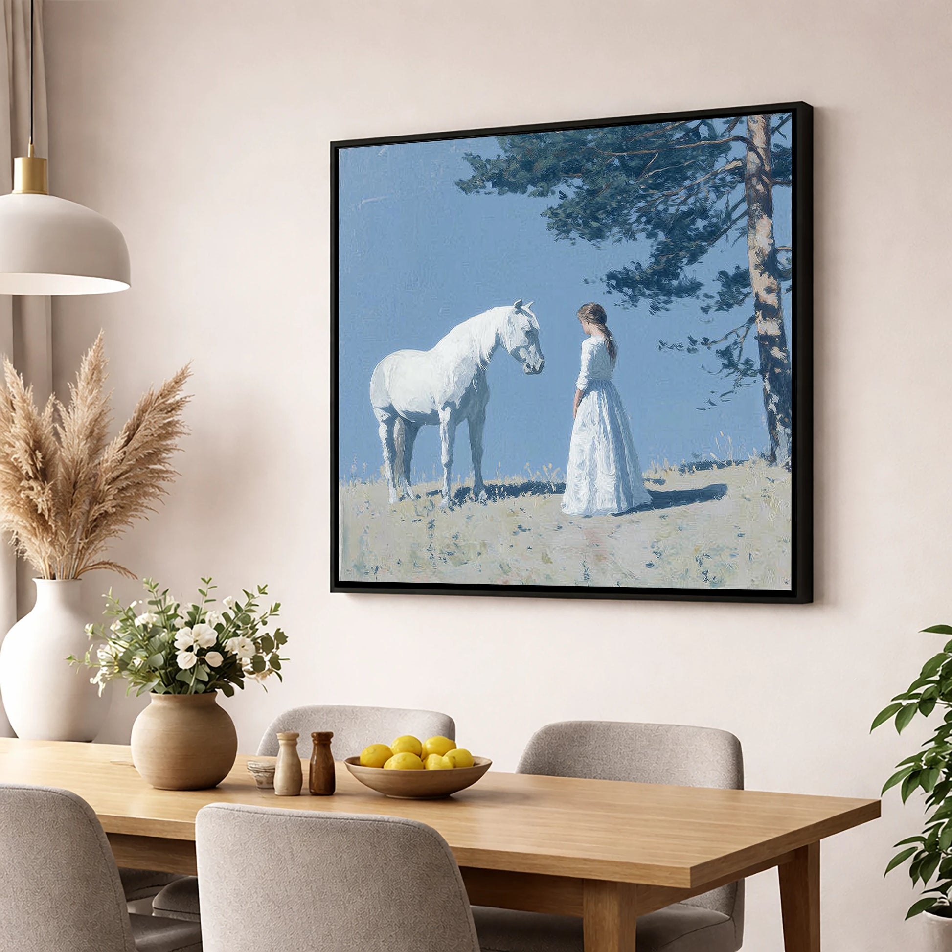 Beneath the Summer Pine horse & rider wall art displayed in a dining room
