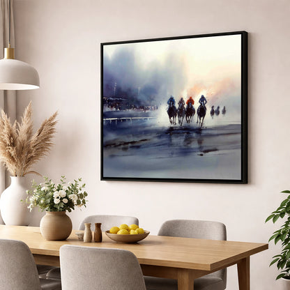 Out of the Mist racing horse wall art displayed in a dining room