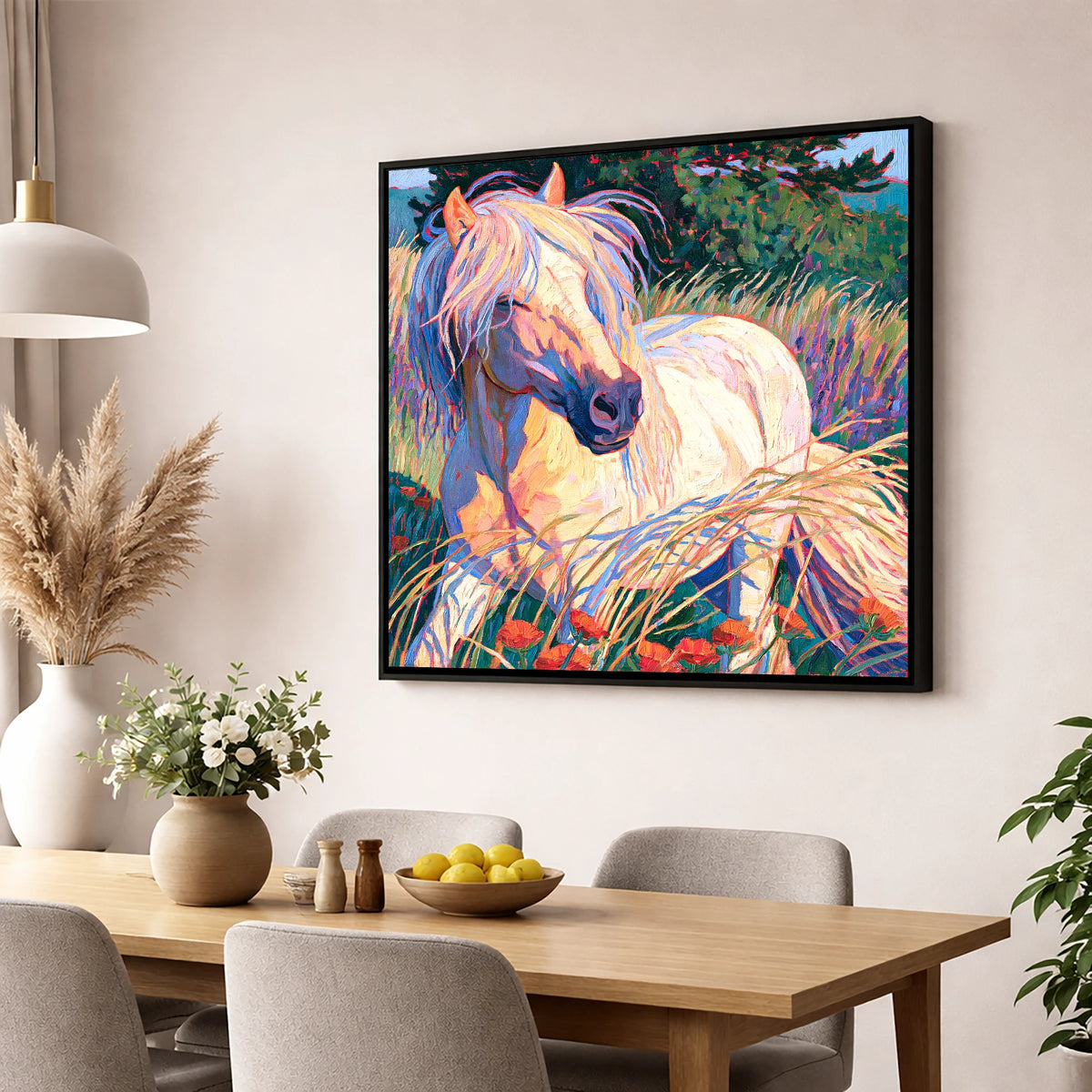 Colourful Horse In Poppy Meadow horse breed wall art displayed in a dining room