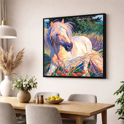 Colourful Horse In Poppy Meadow horse breed wall art displayed in a dining room