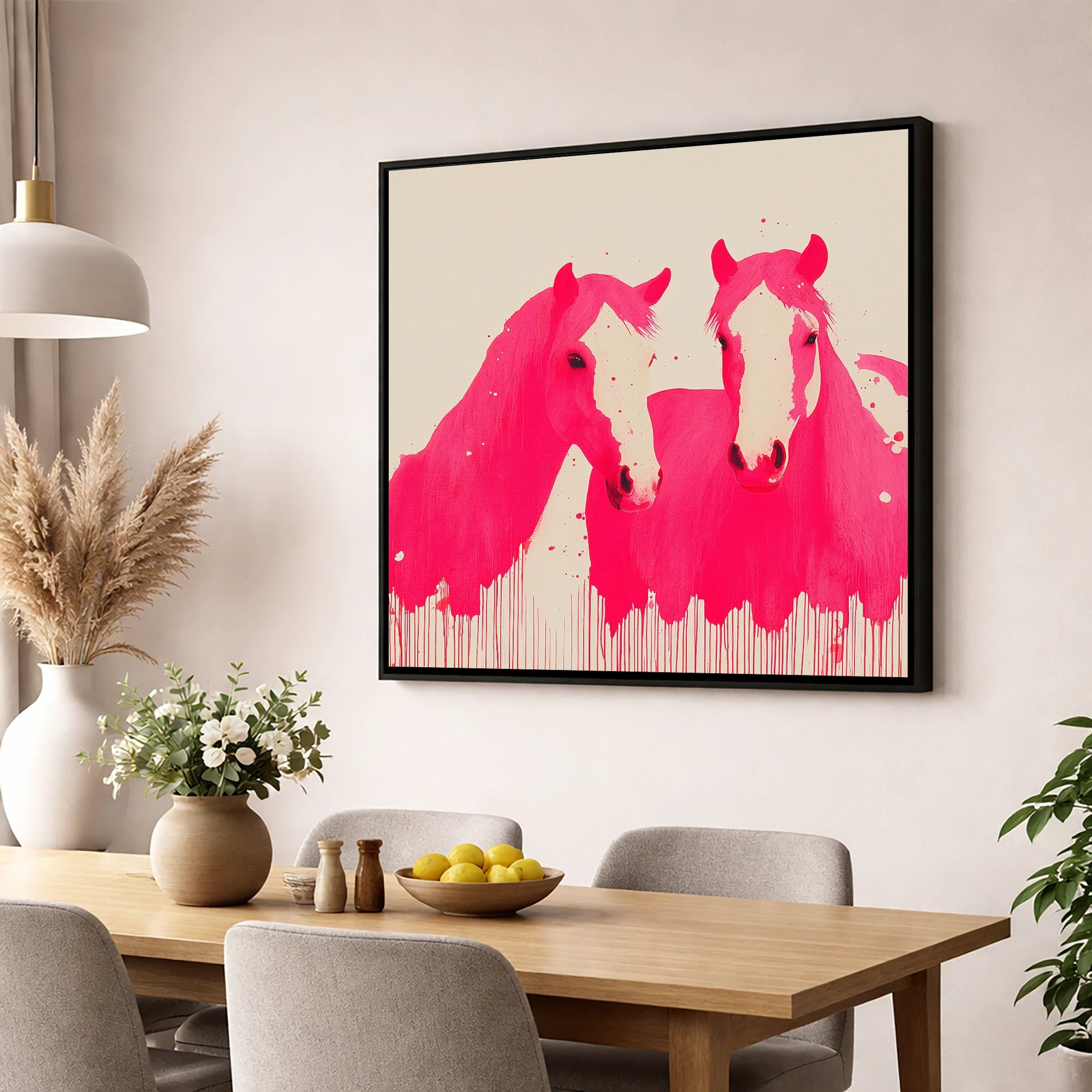 Vivid Magenta Pair horse landscape wall art displayed in a dining room