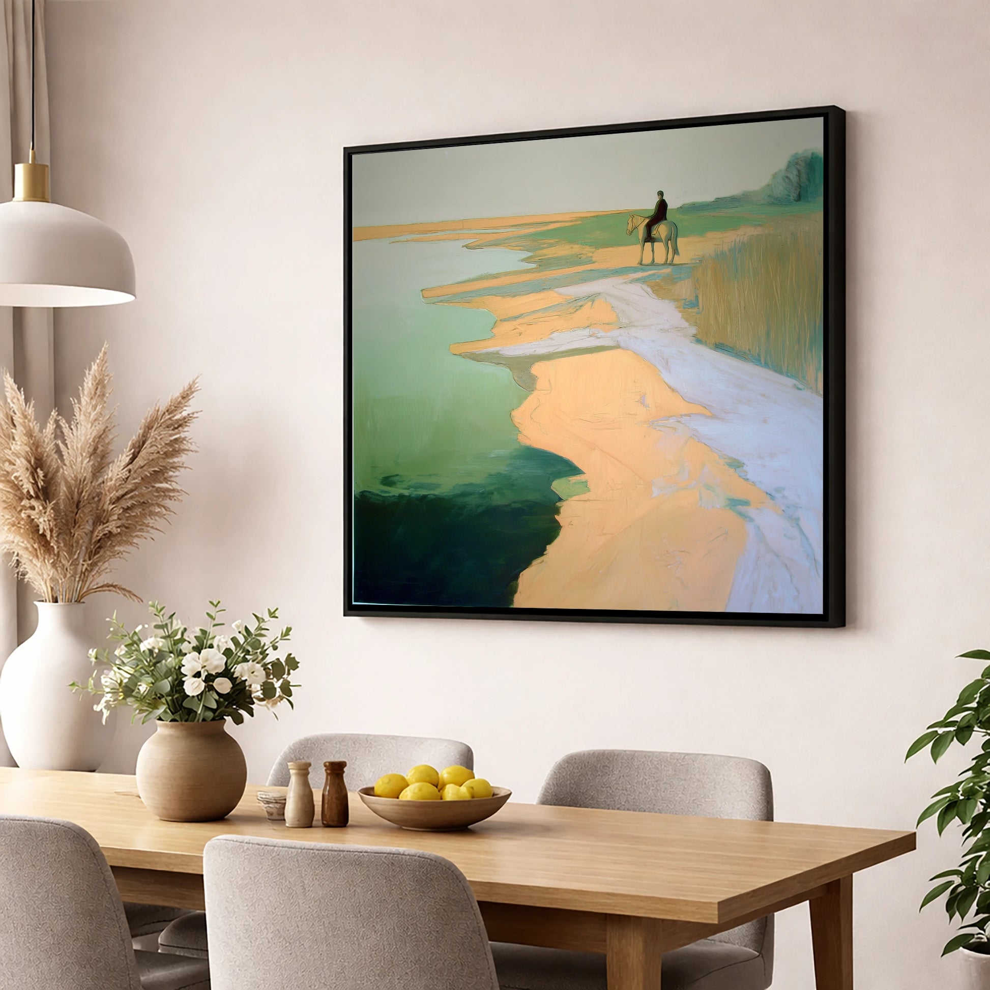 Solitary Shoreline Hack beach horse wall art displayed in a dining room