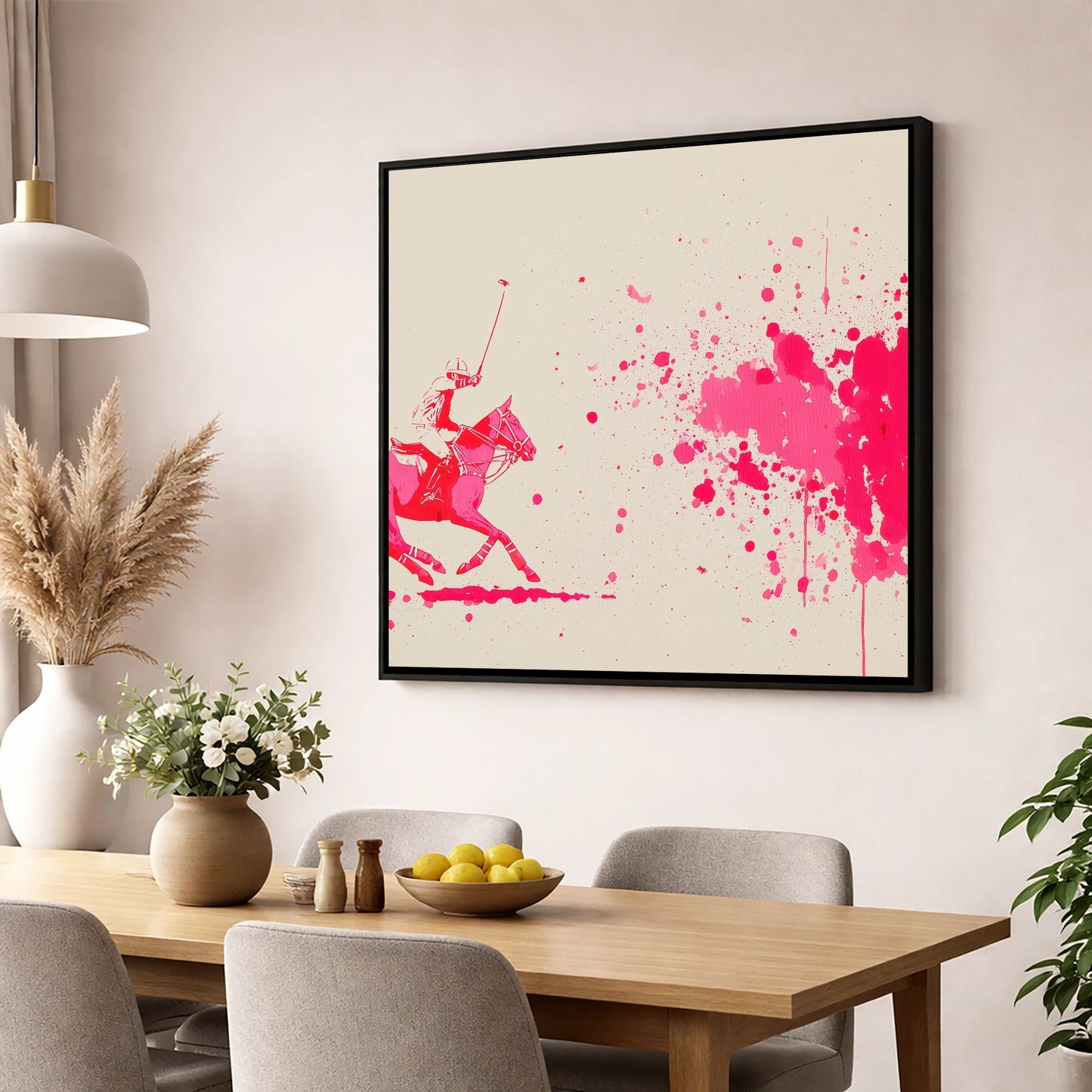 Magenta Polo Strike polo horse wall art displayed in a dining room