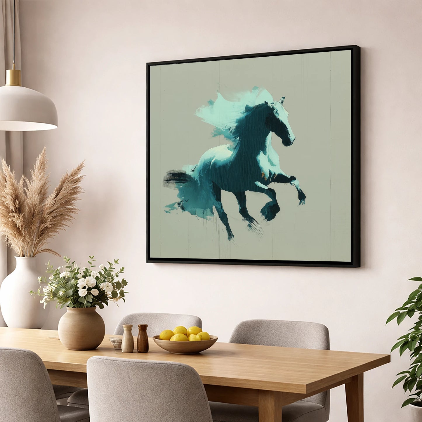 Dynamic Teal Stallion horse breed wall art displayed in a dining room