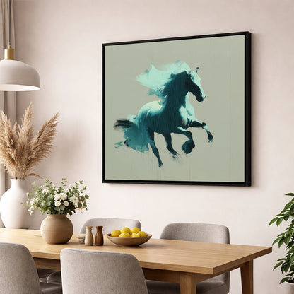 Dynamic Teal Stallion horse breed wall art displayed in a dining room