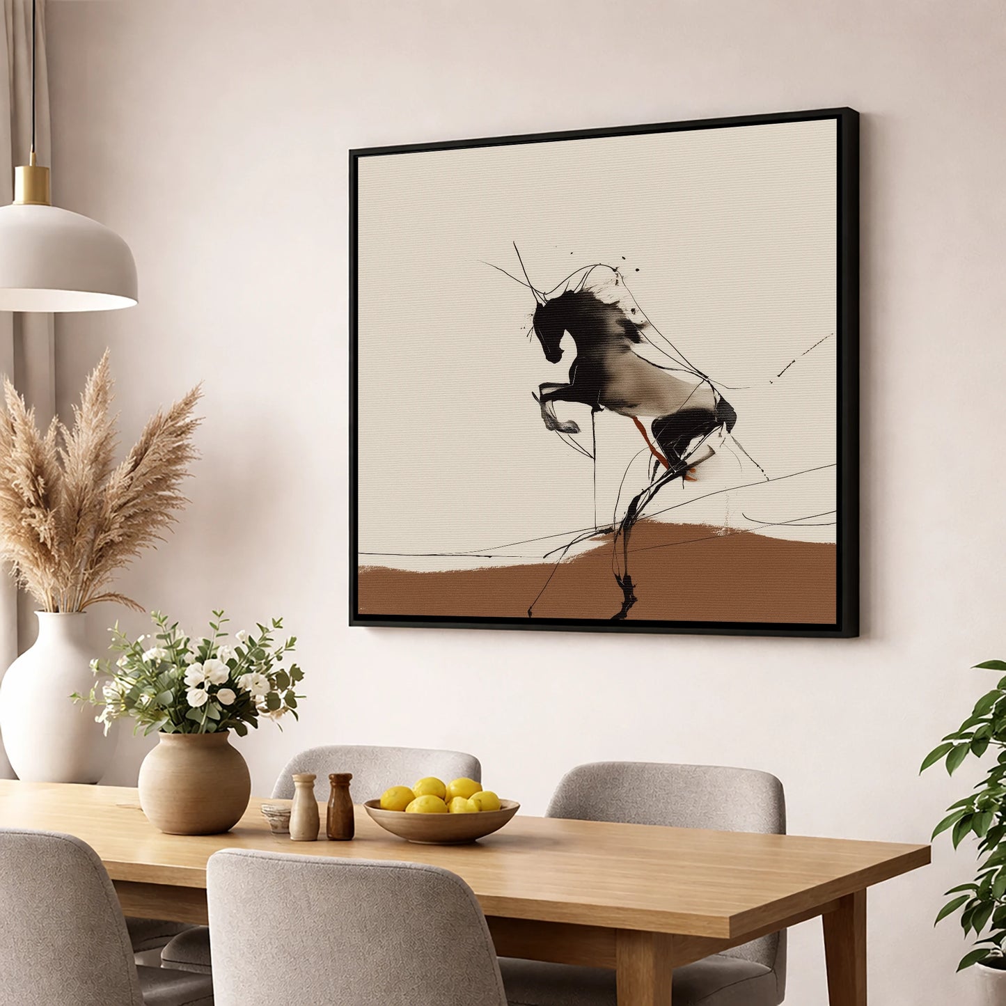 Dynamic Rearing Form wild horses wall art displayed in a dining room