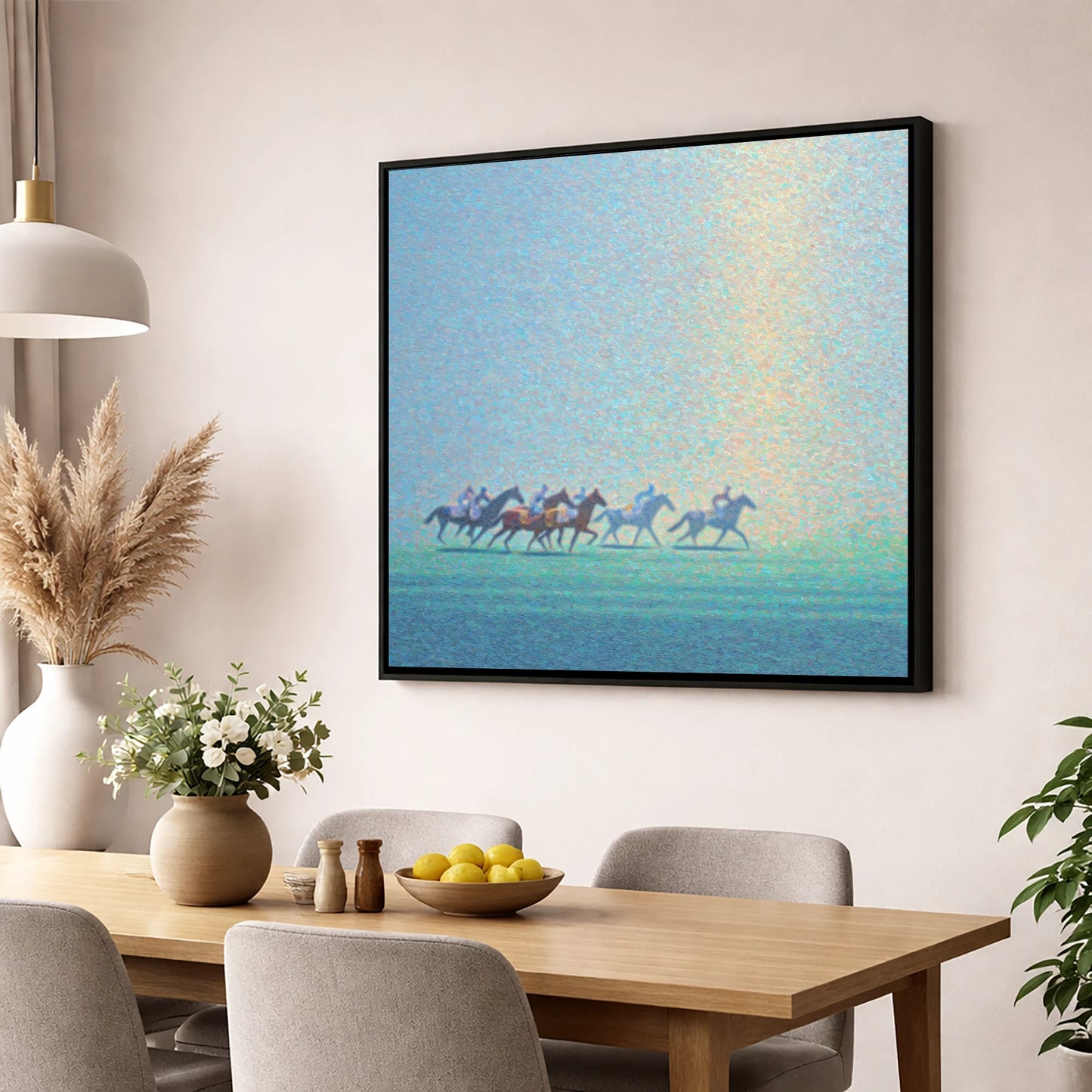 Ethereal Morning Gallop racing horse wall art displayed in a dining room