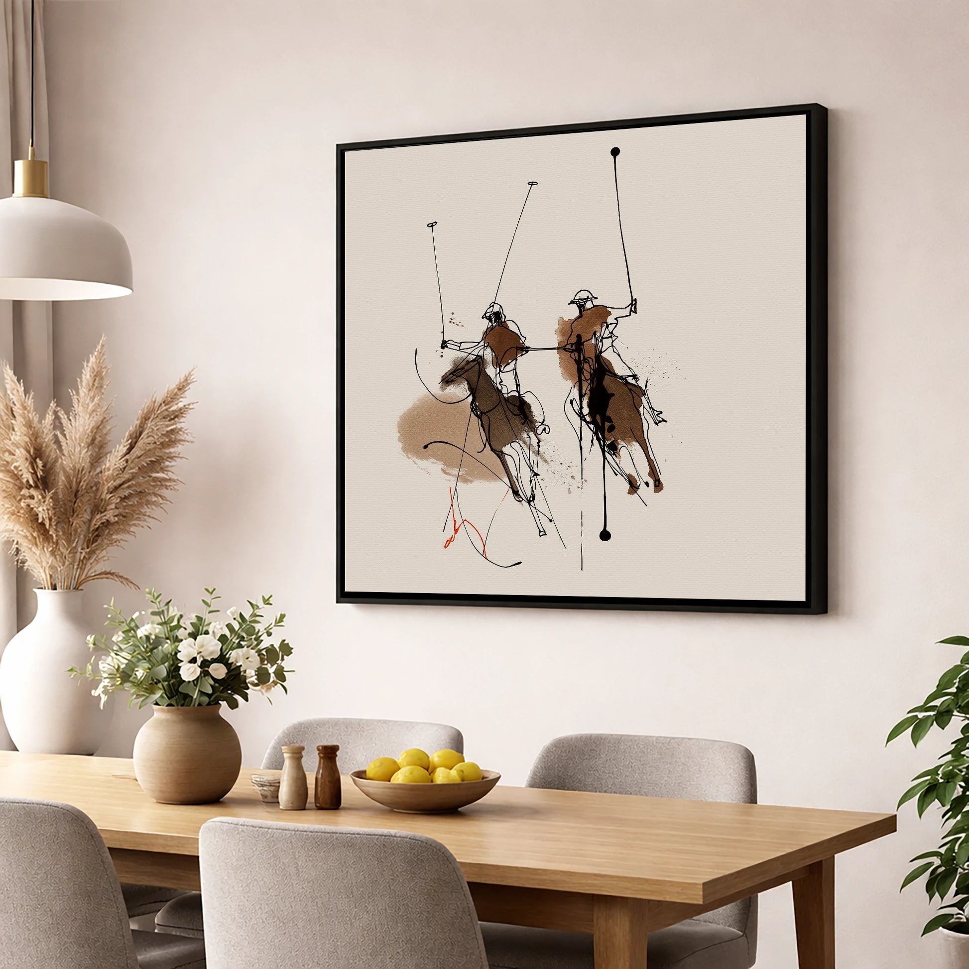 Dynamic Ride Off polo horse wall art displayed in a dining room