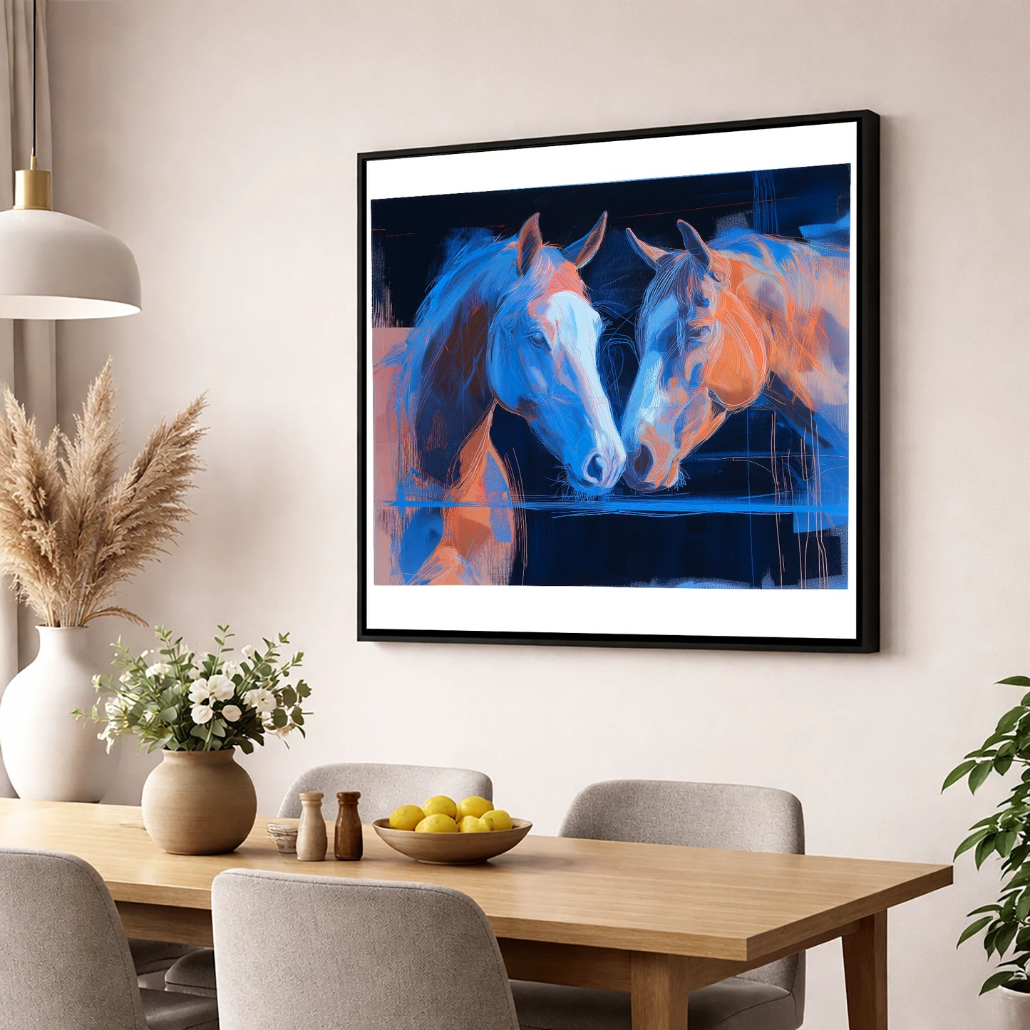 Quiet Communion horse portrait wall art displayed in a dining room