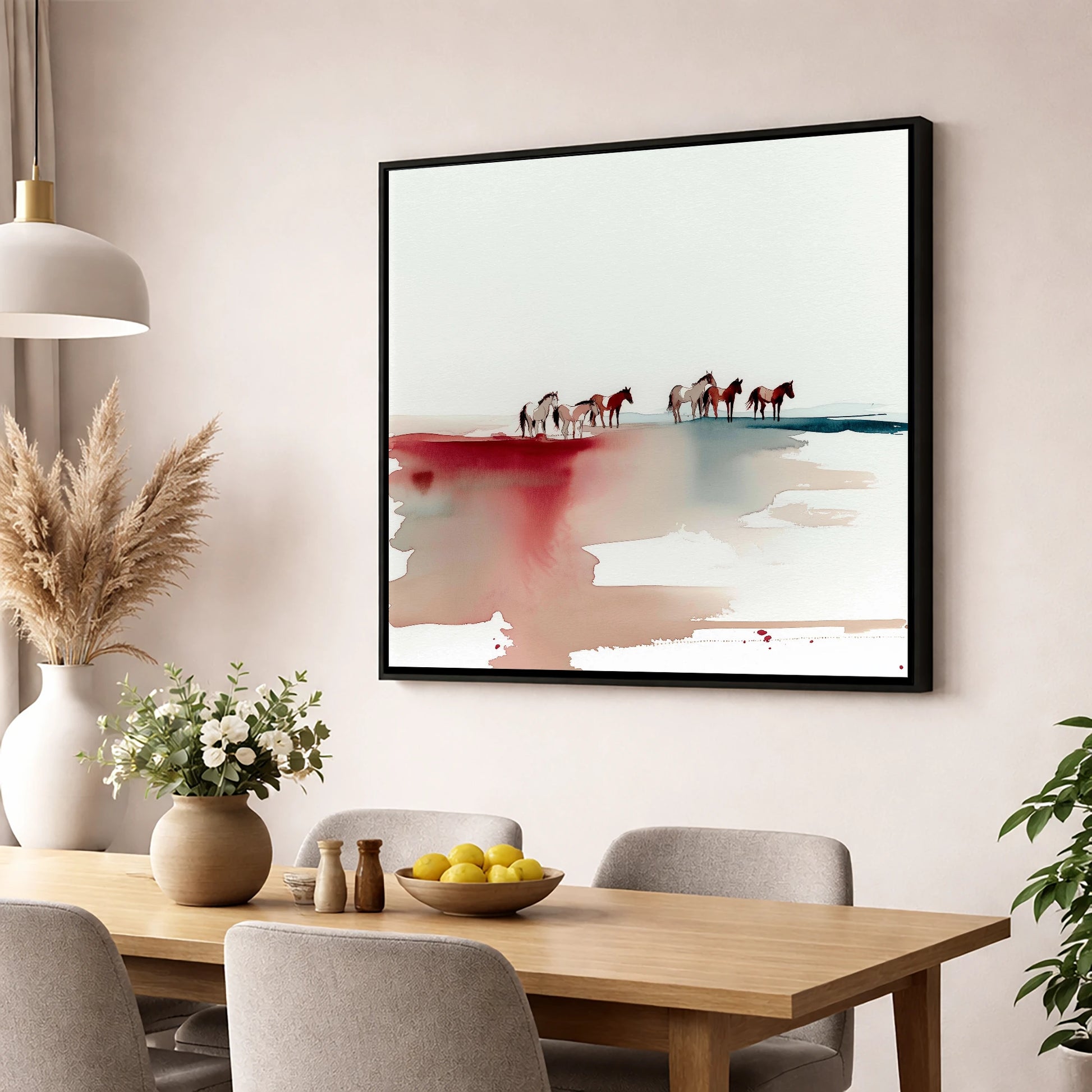 Crimson Horizon Herd horse landscape wall art displayed in a dining room
