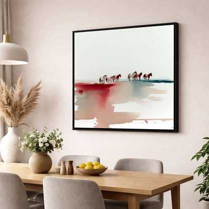Crimson Horizon Herd horse landscape wall art displayed in a dining room