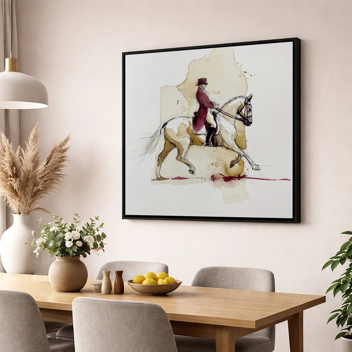Collected Elegance dressage horse wall art displayed in a dining room