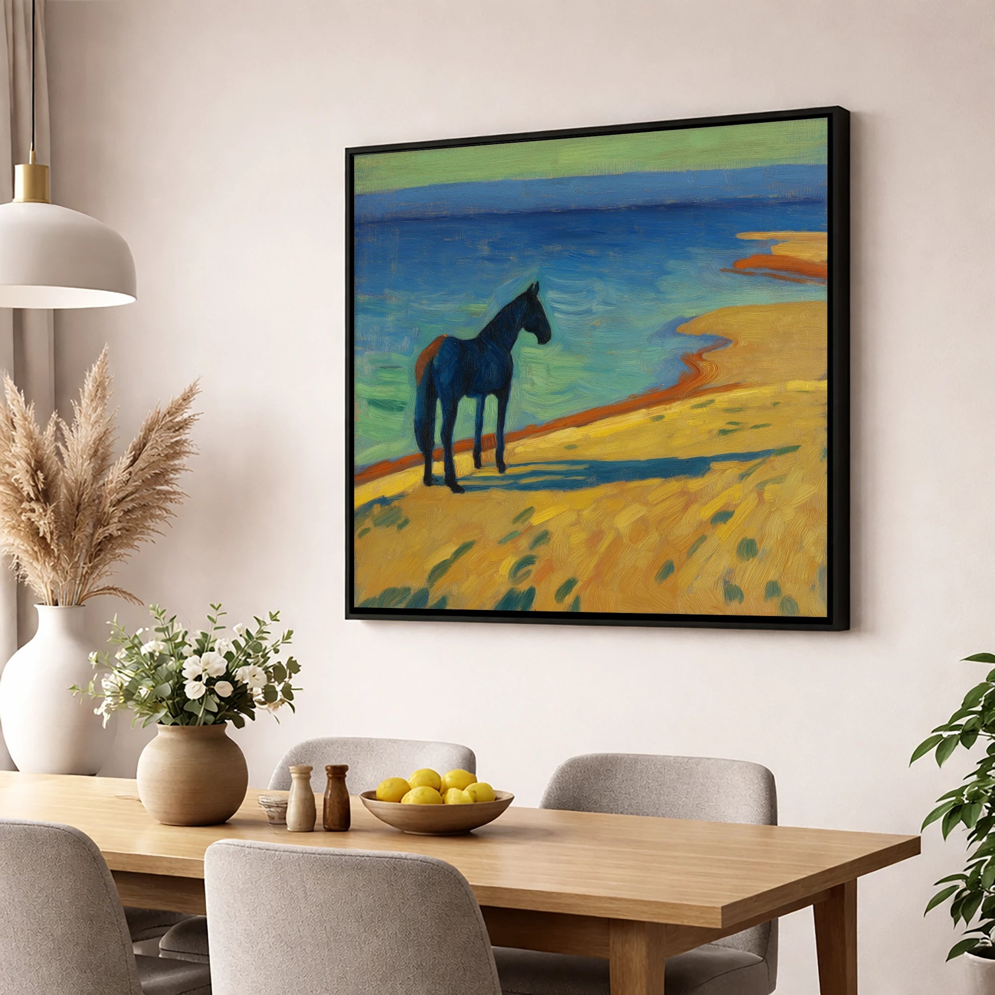 Shoreline Stillness horse landscape wall art displayed in a dining room