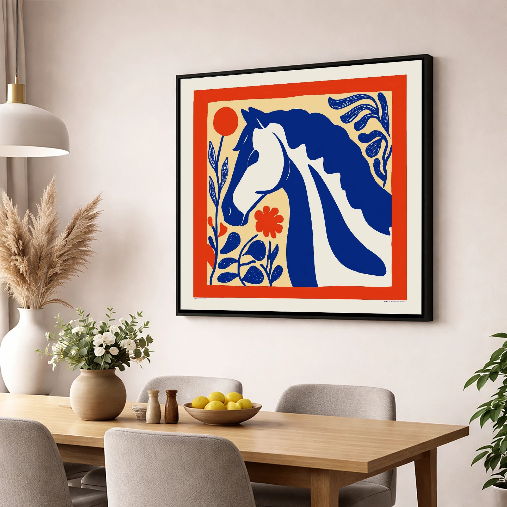 Cobalt Botanical Equine horse portrait wall art displayed in a dining room