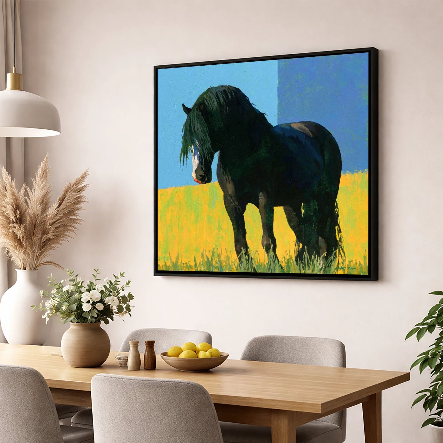 Black Cob in Yellow Field horse breed wall art displayed in a dining room