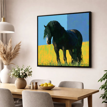 Black Cob in Yellow Field horse breed wall art displayed in a dining room