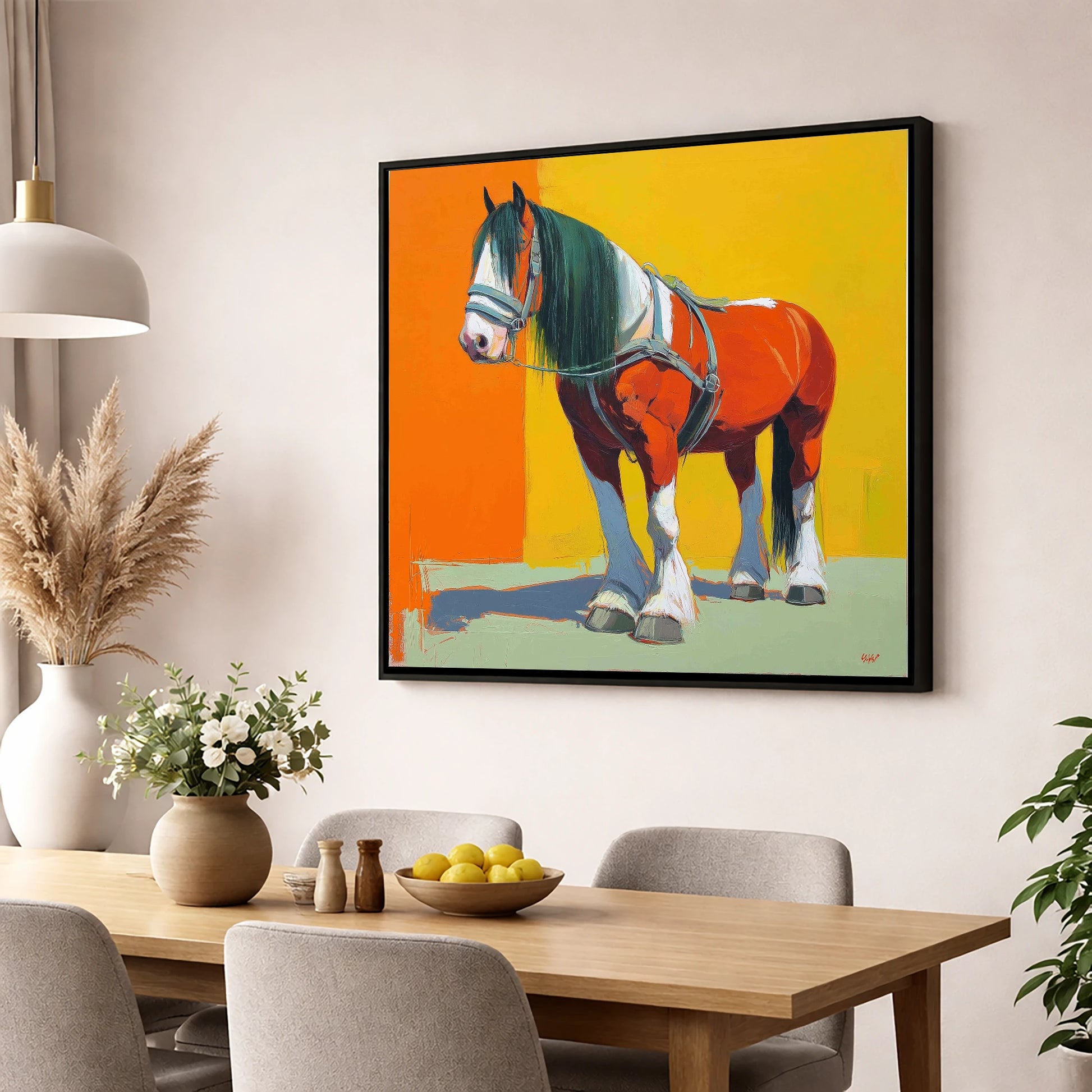 The Vibrant Draught horse breed wall art displayed in a dining room