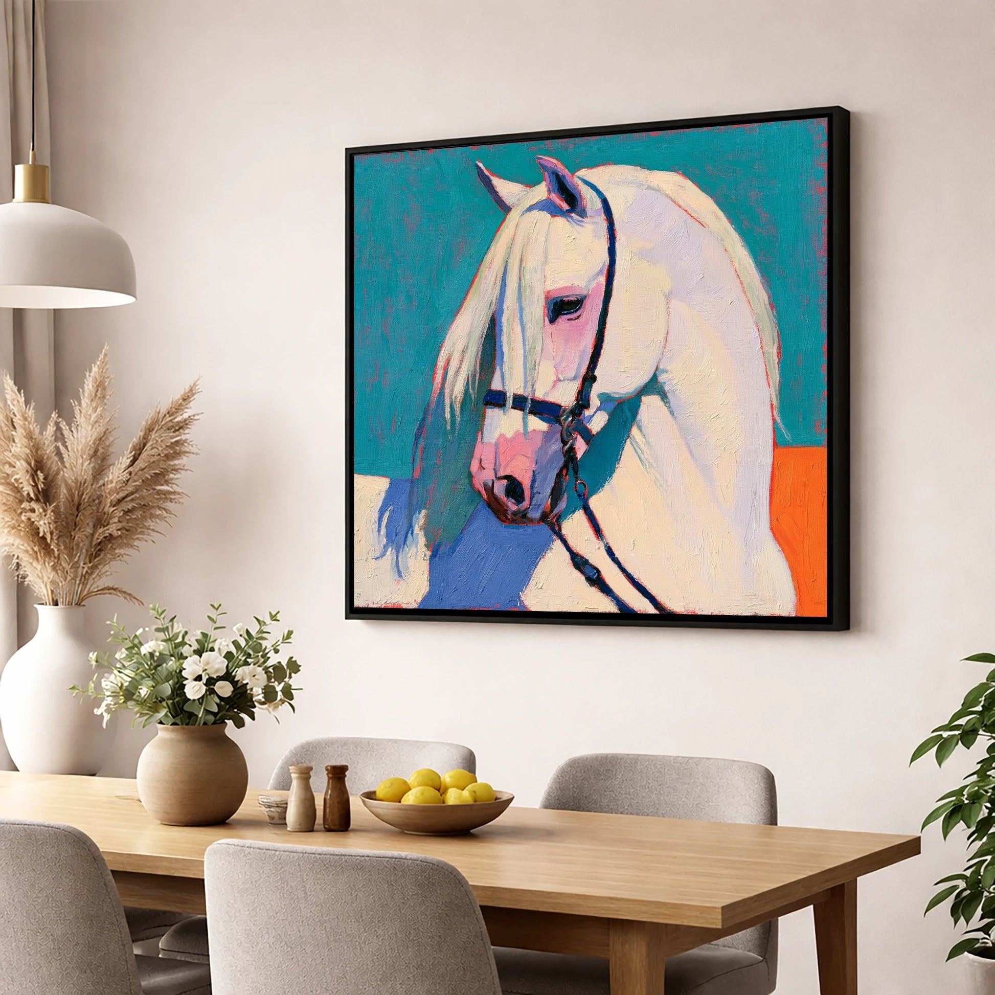 Vibrant Grey Horse on Teal horse breed wall art displayed in a dining room