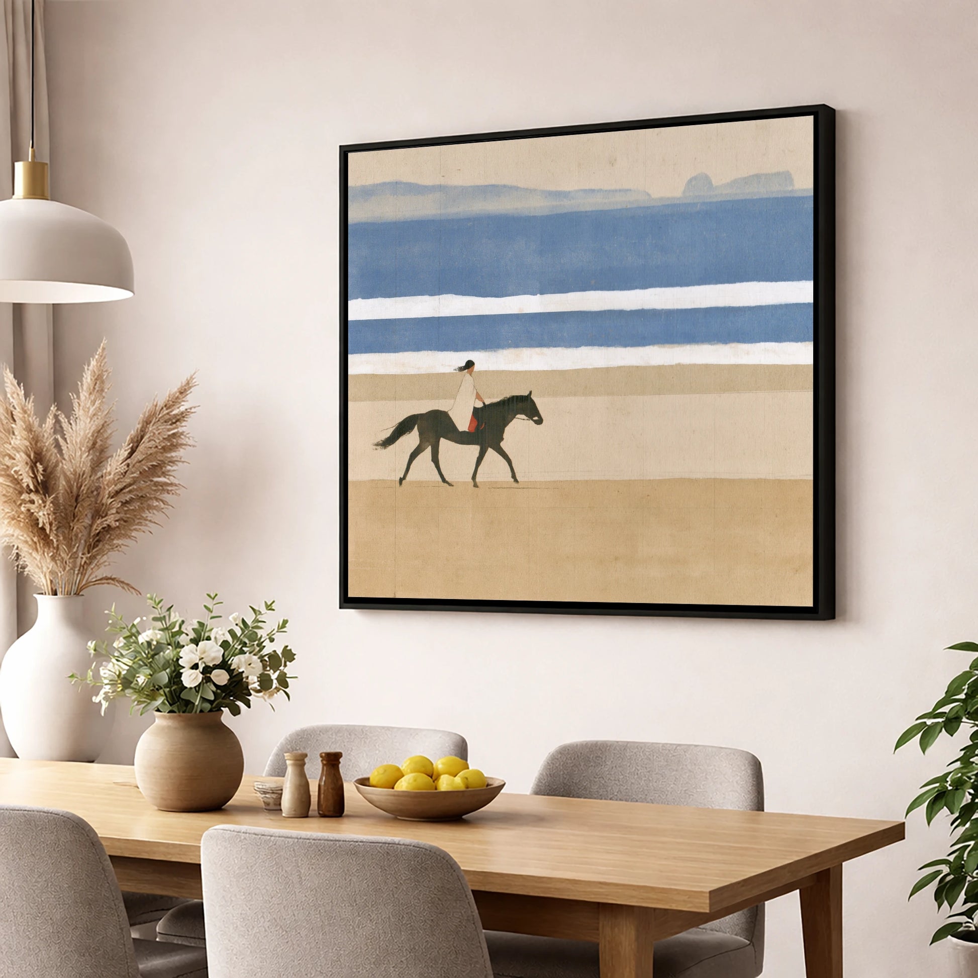 Tranquil Coastal Ride beach horse wall art displayed in a dining room