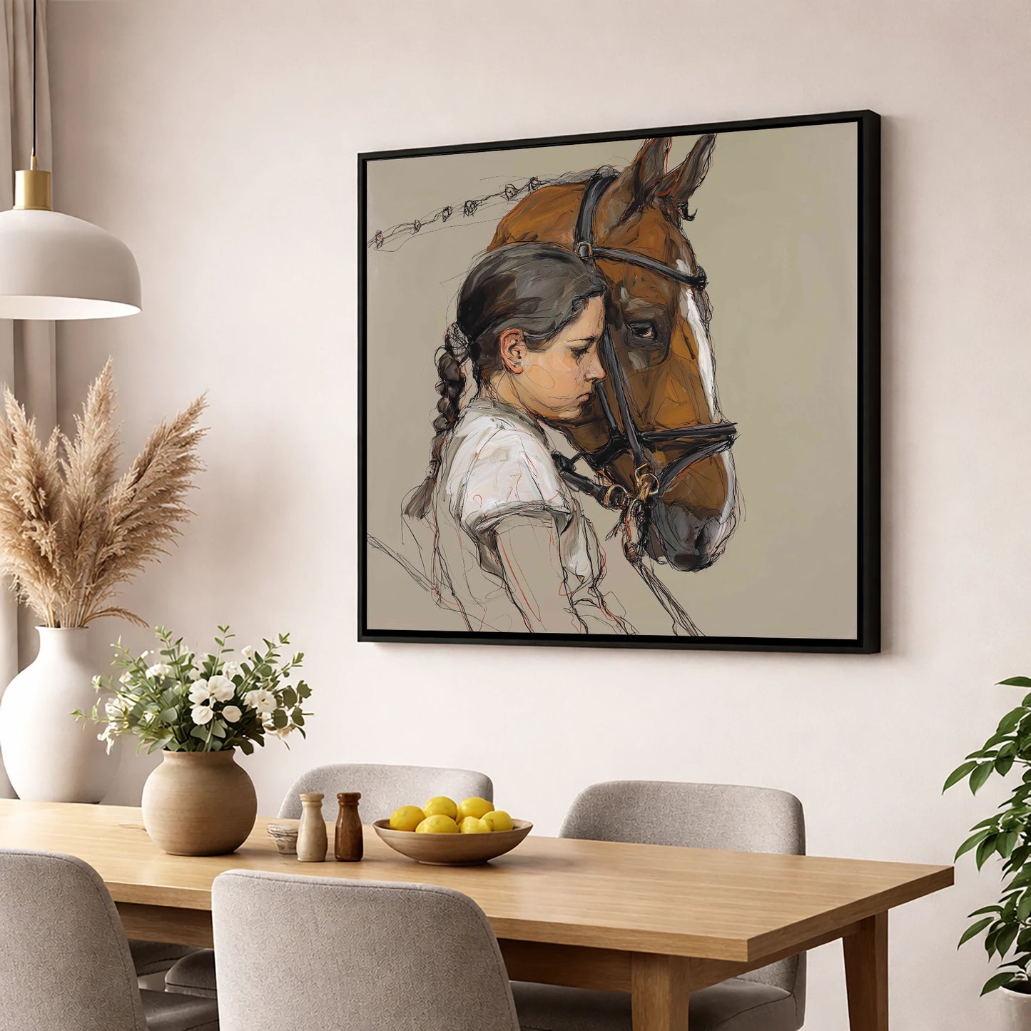 The Quiet Bond horse & rider wall art displayed in a dining room