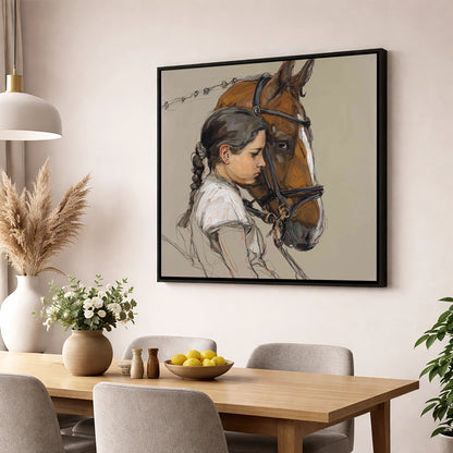 The Quiet Bond horse & rider wall art displayed in a dining room