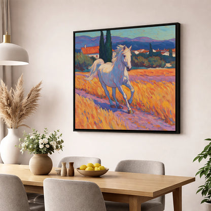 Sunlit Provincial Grey horse breed wall art displayed in a dining room