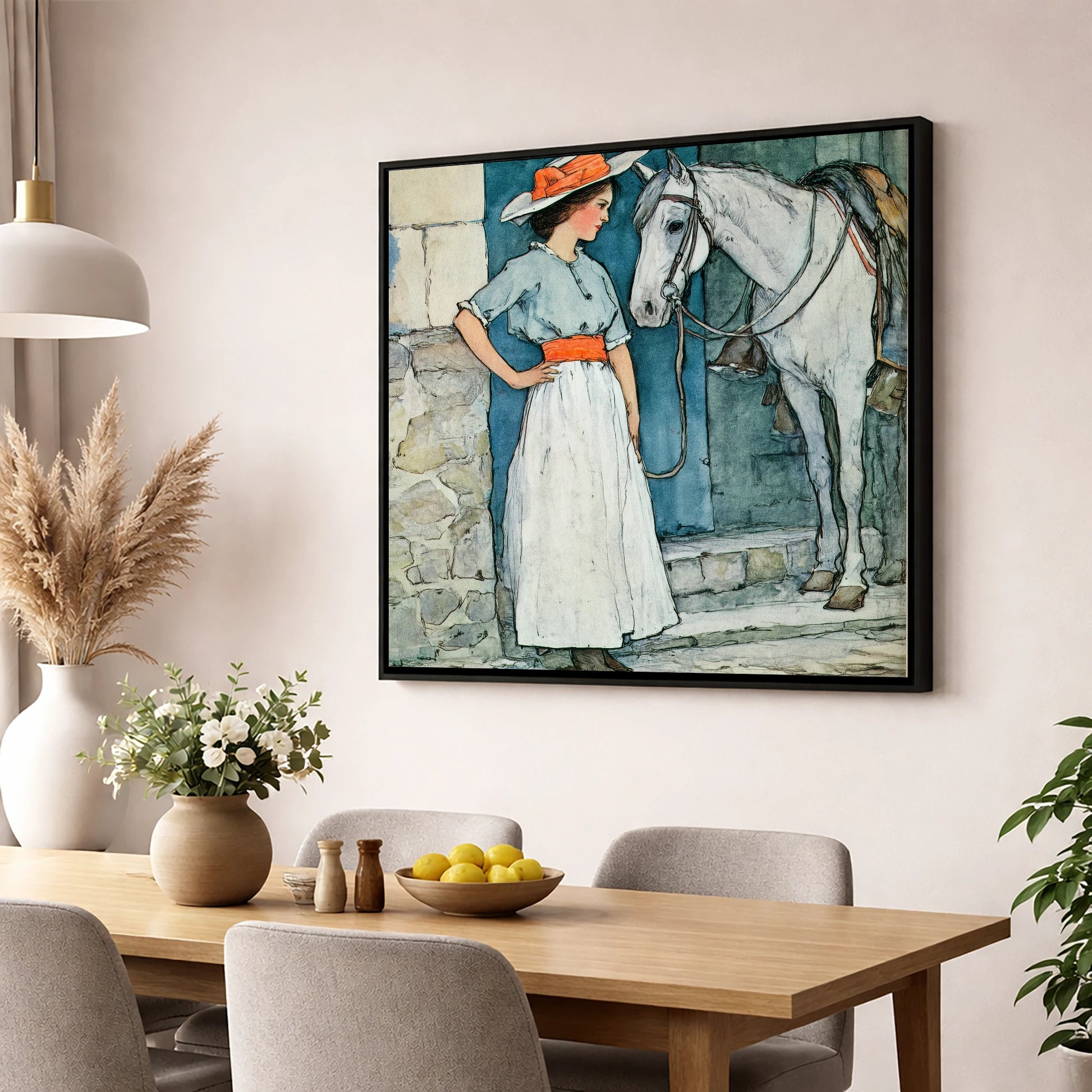 A Patient Companion horse & rider wall art displayed in a dining room