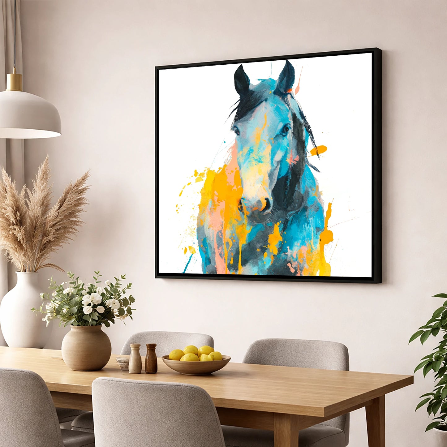 Teal and Amber Gaze horse portrait wall art displayed in a dining room