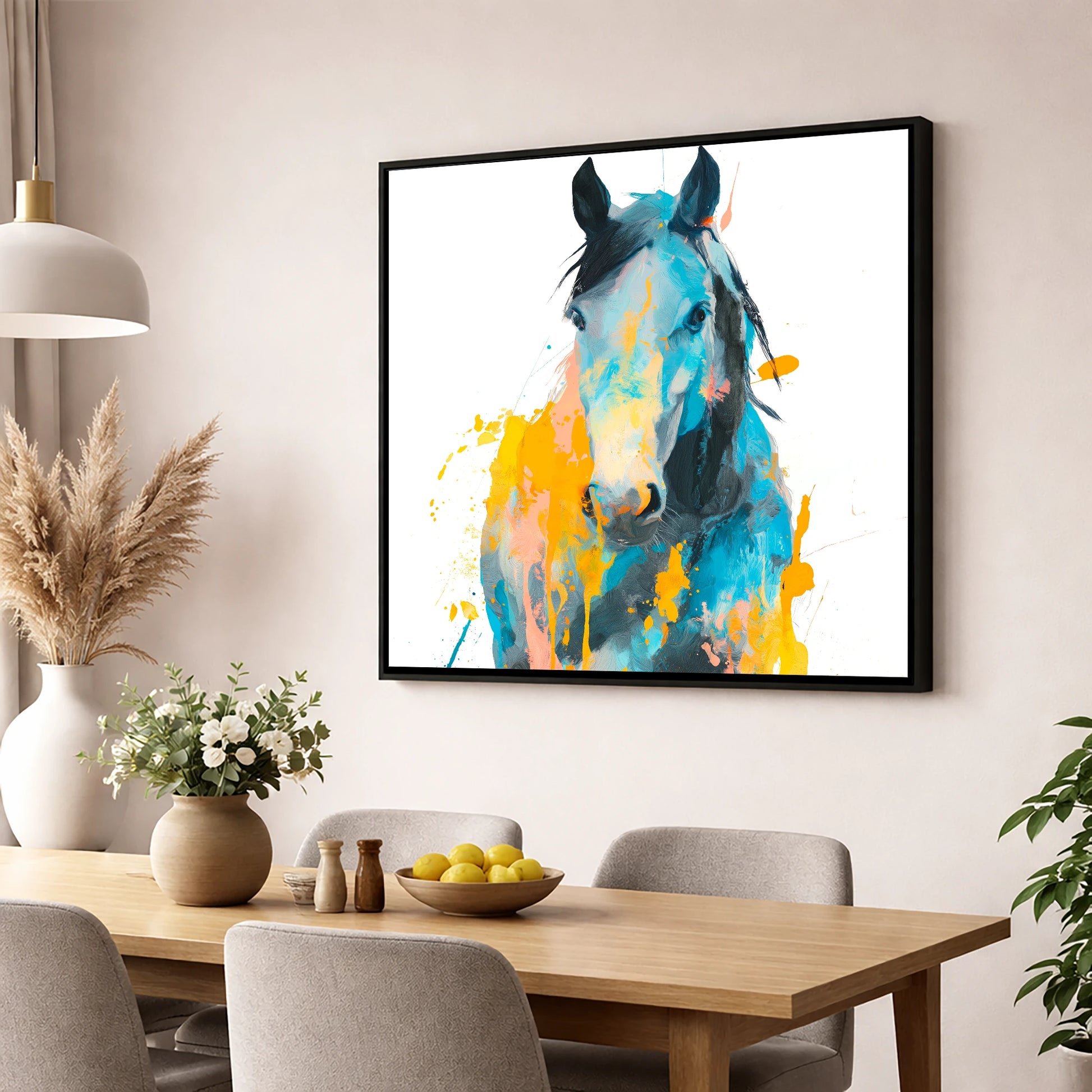 Teal and Amber Gaze horse portrait wall art displayed in a dining room