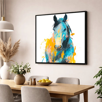 Teal and Amber Gaze horse portrait wall art displayed in a dining room