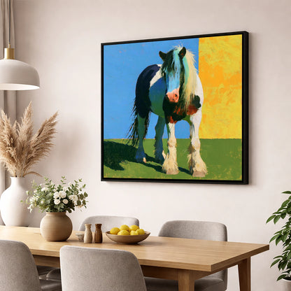 Piebald Cob in Vibrant Sun horse breed wall art displayed in a dining room