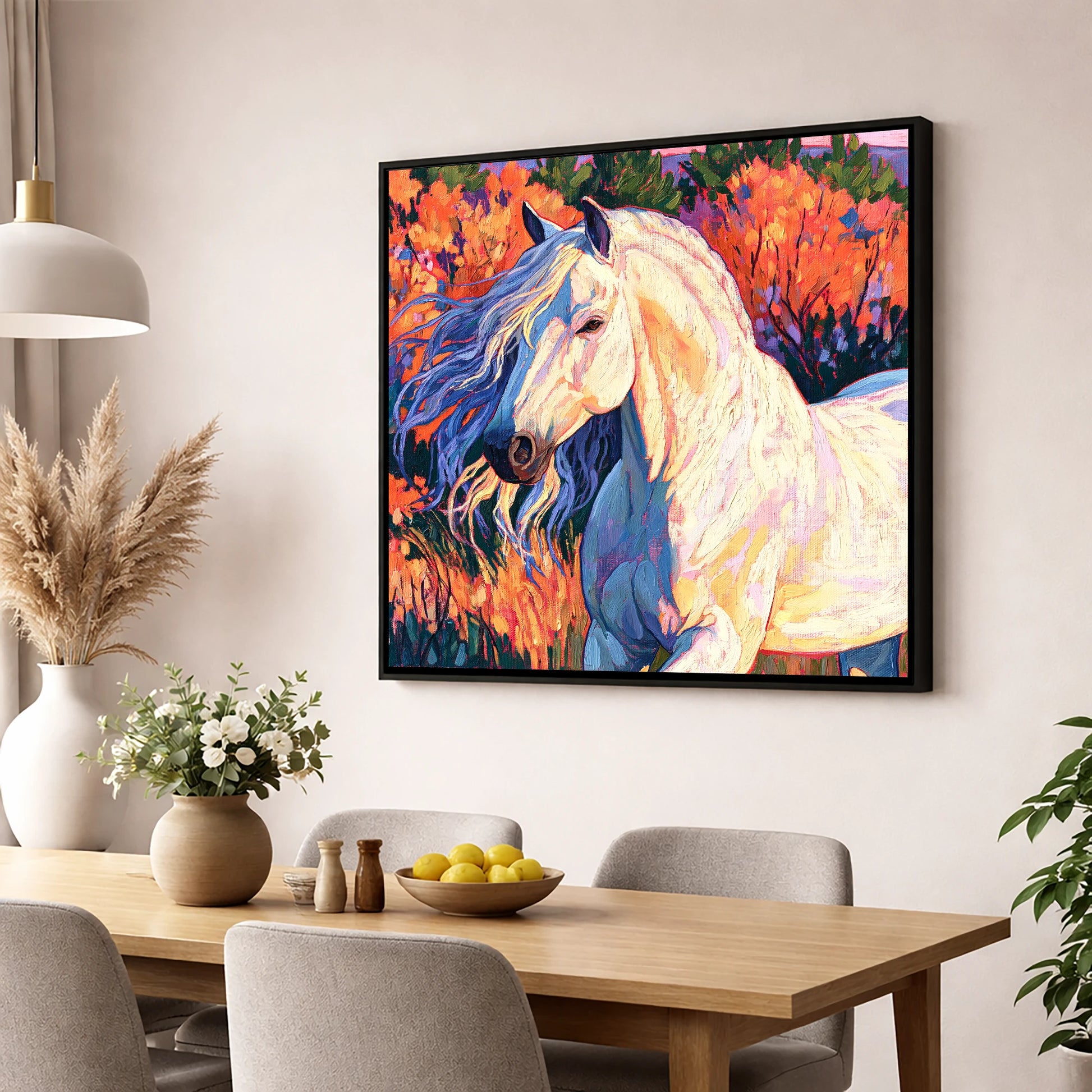 Vibrant White Andalusian Horse horse breed wall art displayed in a dining room