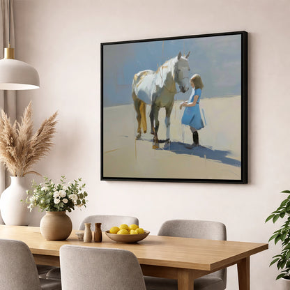A Quiet Connection horse & rider wall art displayed in a dining room