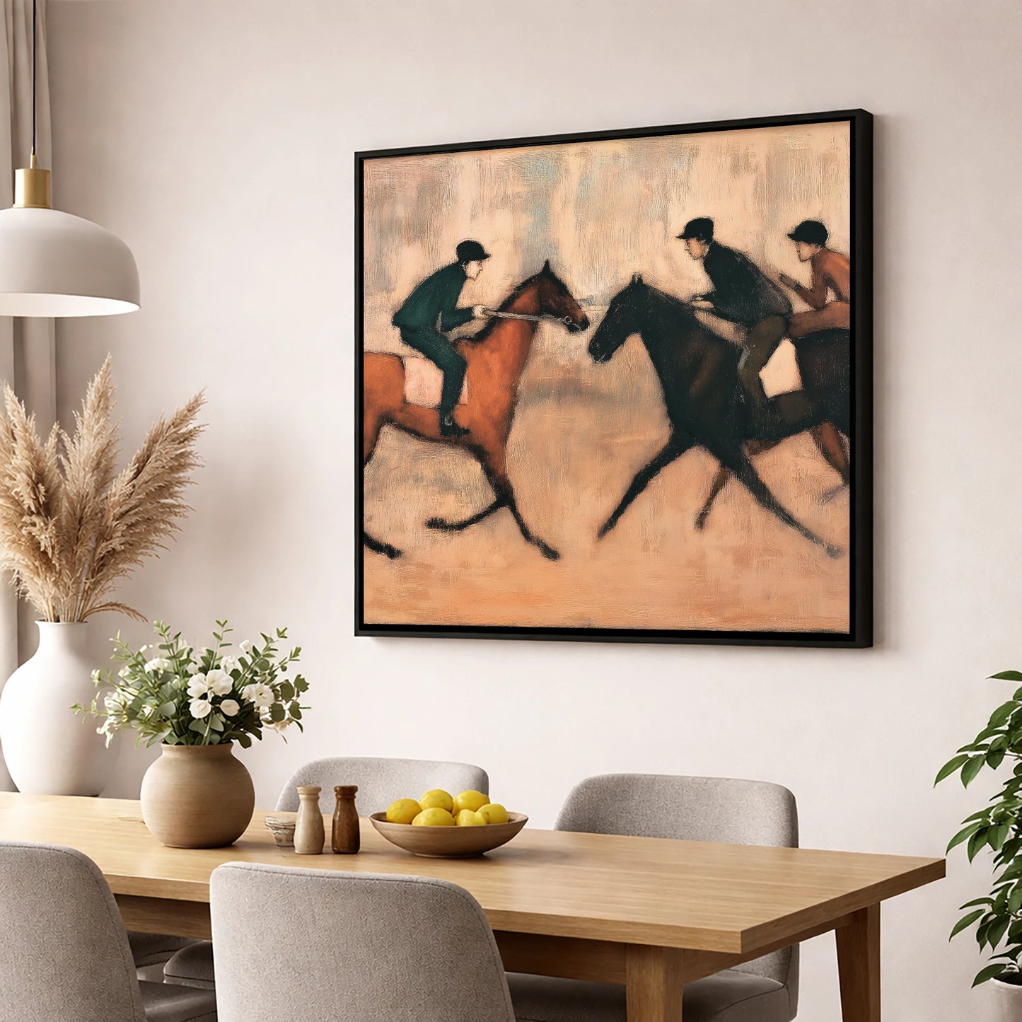 Meeting on the Gallops racing horse wall art displayed in a dining room