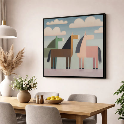 Serene Stylised Herd horse landscape wall art displayed in a dining room