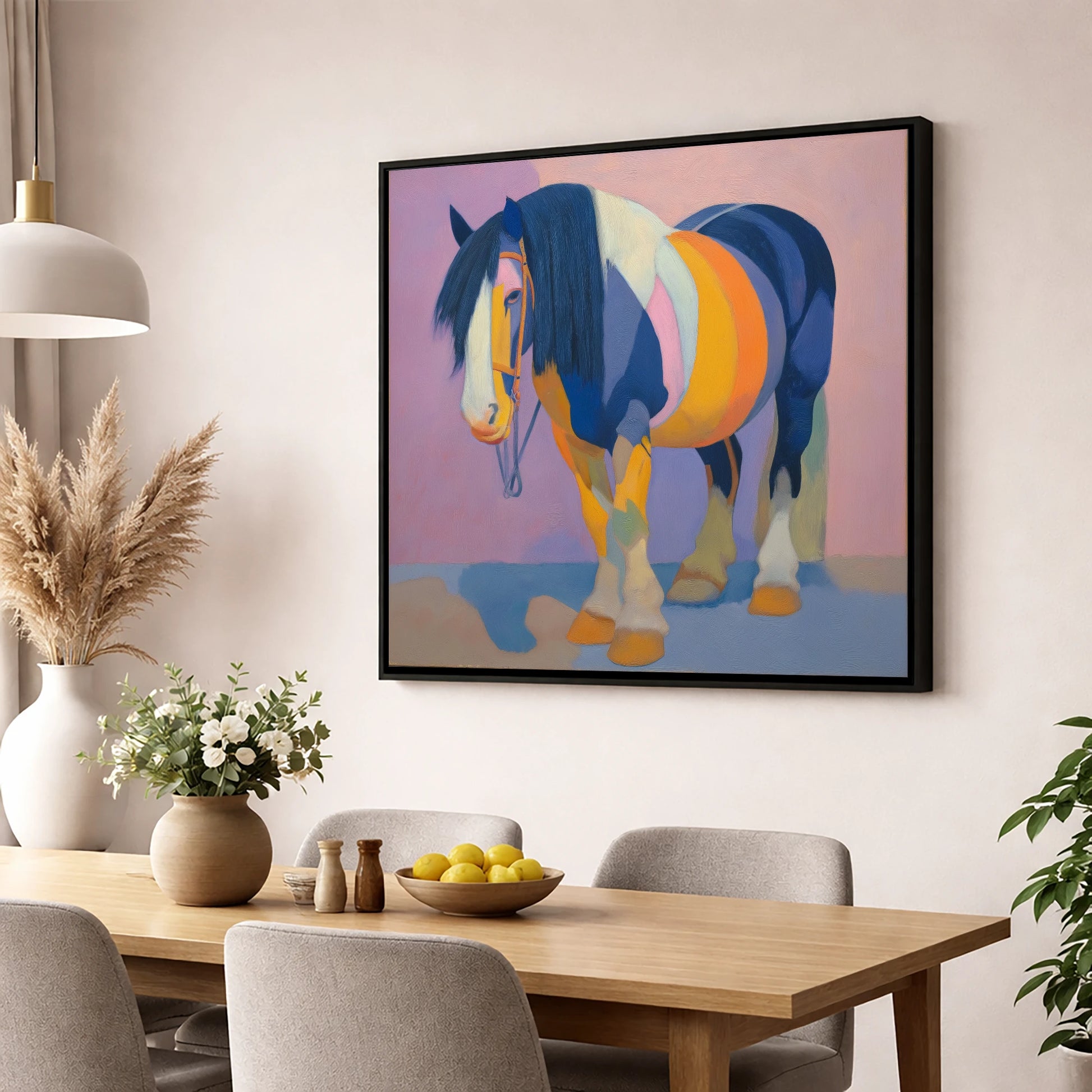 Vibrant Indigo Cob horse breed wall art displayed in a dining room