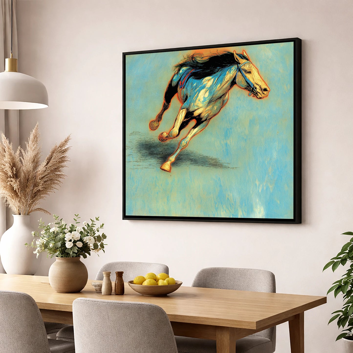 Cerulean Sprint racing horse wall art displayed in a dining room
