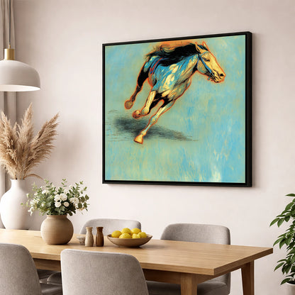 Cerulean Sprint racing horse wall art displayed in a dining room
