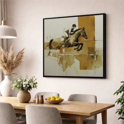 Airborne in Sepia show jumping horse wall art displayed in a dining room