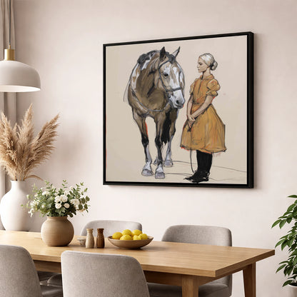 The Quiet Connection horse & rider wall art displayed in a dining room