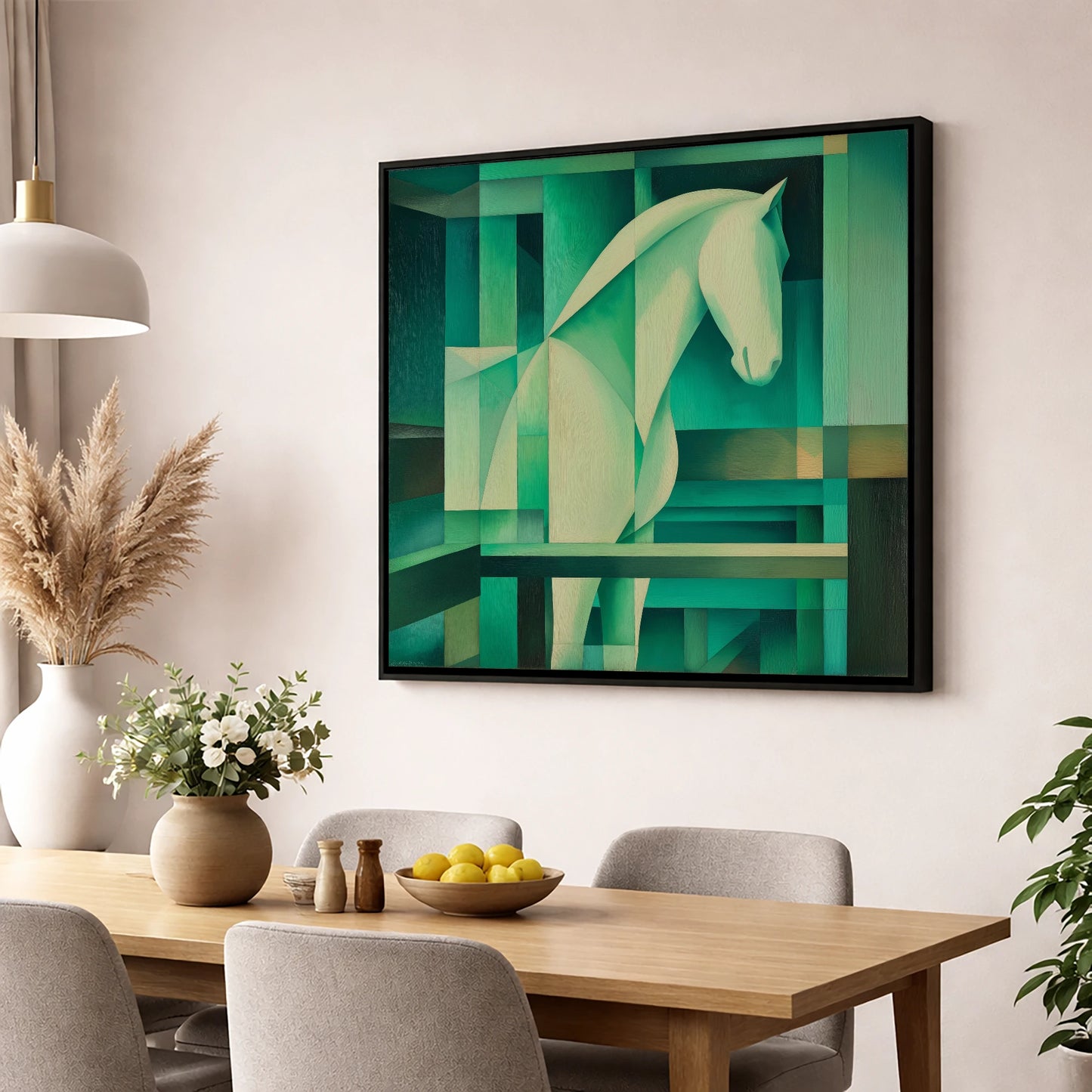 Verdant Rhythm horse stable wall art displayed in a dining room