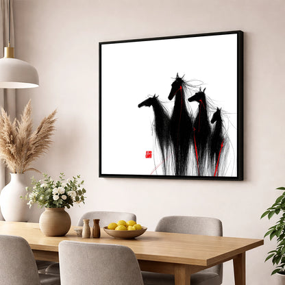 Crimson Thread Herd wild horses wall art displayed in a dining room