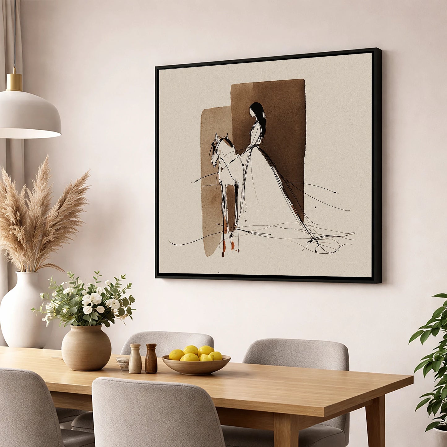 Ethereal Harmony horse & rider wall art displayed in a dining room